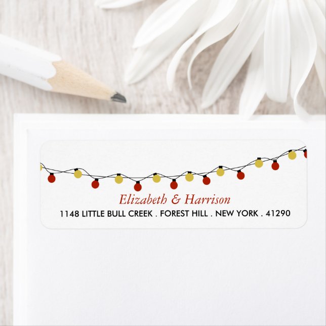 Modern String Lights, Red & Gold Wedding Label (Insitu)