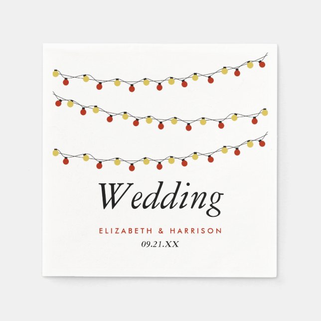 Modern String Lights, Red & Gold Wedding Napkins (Front)