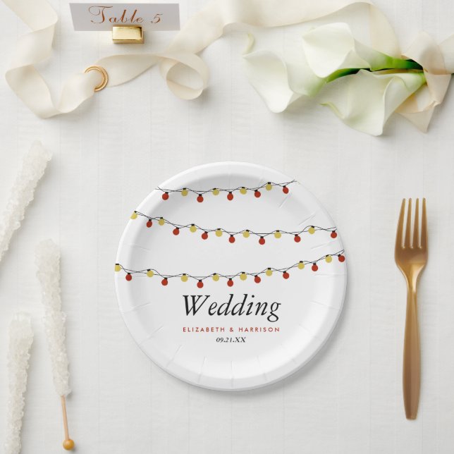 Modern String Lights, Red & Gold Wedding Paper Plates (Wedding)