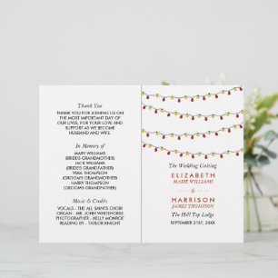 Modern String Lights, Red & Gold Wedding Programme