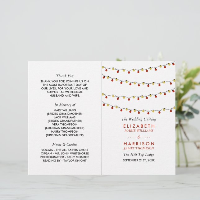 Modern String Lights, Red & Gold Wedding Programme (Standing Front)