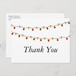 Modern String Lights, Red & Gold Wedding Thank You Postcard