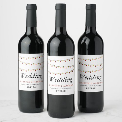 Modern String Lights Red  Gold Wedding Wine Label