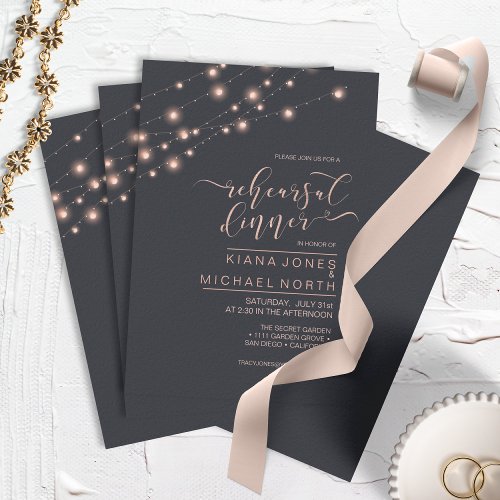 Modern String Lights Rehearsal Dinner Rose ID585 I Invitation