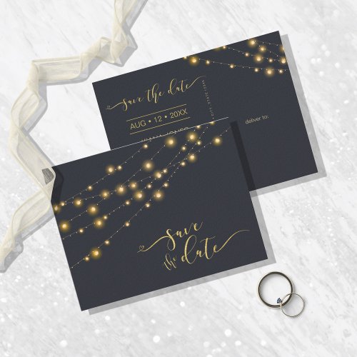 Modern String Lights Save the Date Gold ID585 Announcement Postcard