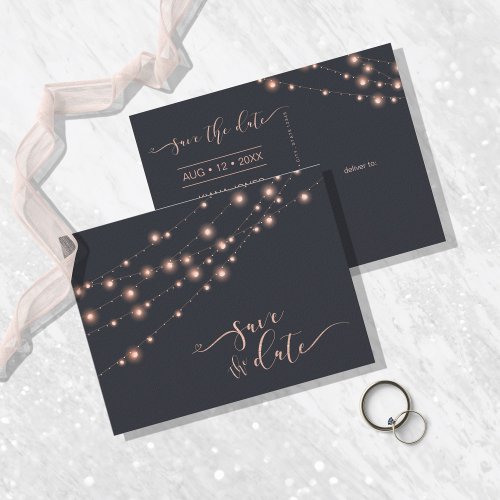 Modern String Lights Save the Date Rose Gold ID585 Announcement Postcard