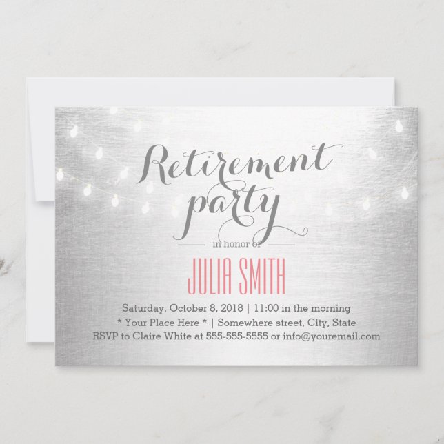 Modern String Lights Silver Retirement Party Invitation (Front)