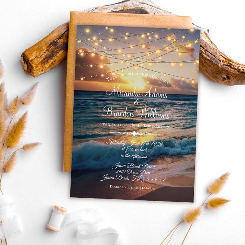 Modern String Lights Tropical Beach Summer Wedding Invitation