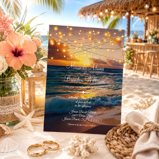 Modern String Lights Tropical Summer Beach Wedding Invitation