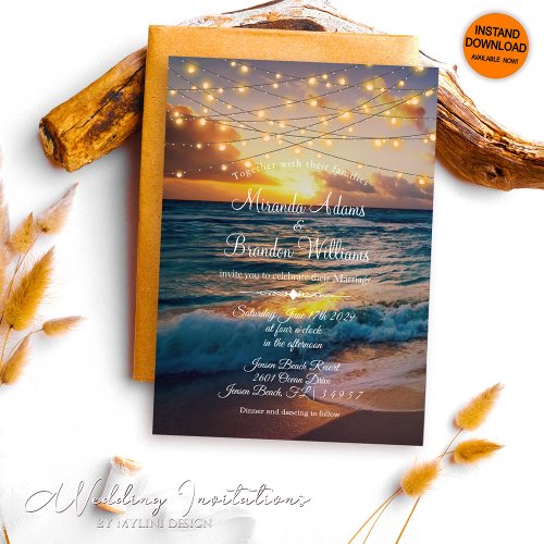 Modern String Lights Tropical Summer Beach Wedding Invitation