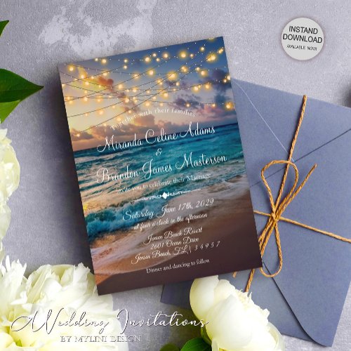 Modern String Lights Tropical Summer Beach Wedding Invitation