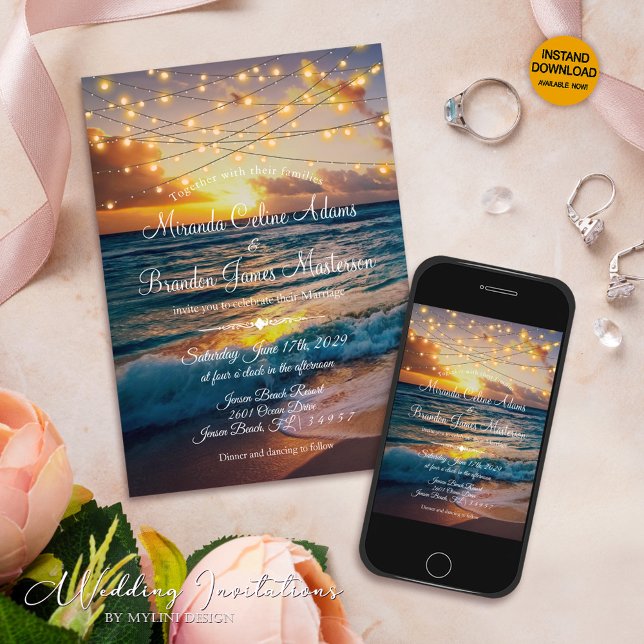 Modern String Lights Tropical Summer Beach Wedding Invitation (Creator Uploaded)