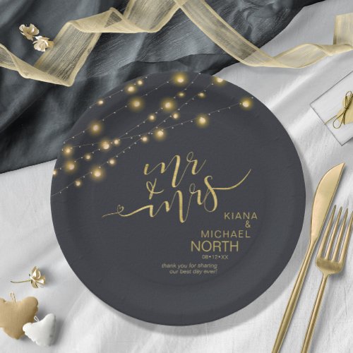 Modern String Lights Wedding Mr and Mrs Gold ID585 Paper Plates