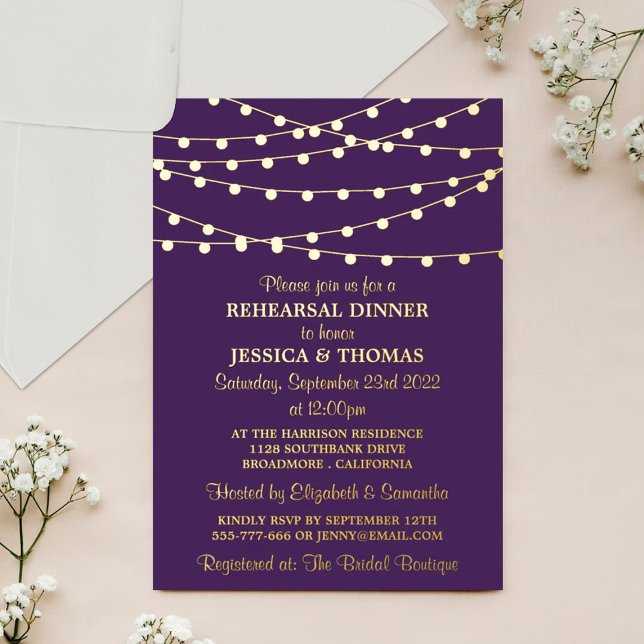 Modern String Lights Wedding Rehearsal Dinner Real Foil Invitation (Creator Uploaded)