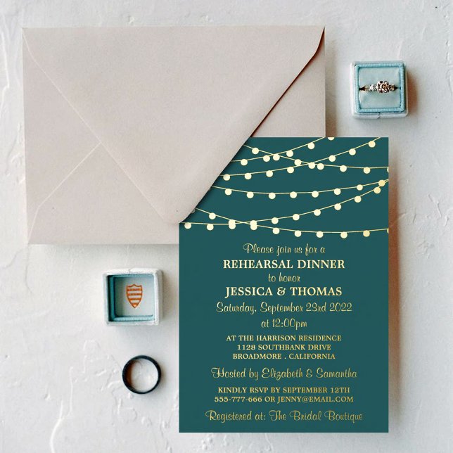 Modern String Lights Wedding Rehearsal Dinner Real Foil Invitation (Creator Uploaded)
