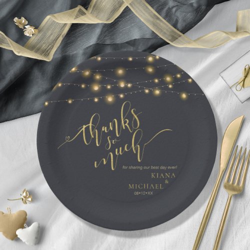 Modern String Lights Wedding Thanks Gold ID585 Paper Plates