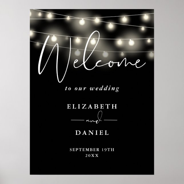 Modern String Lights Wedding Welcome Sign (Front)