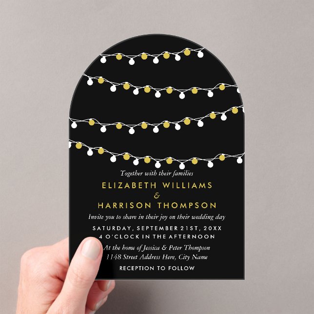 Modern String Lights, White & Gold Wedding Acrylic Invitations (Insitu (Handheld))