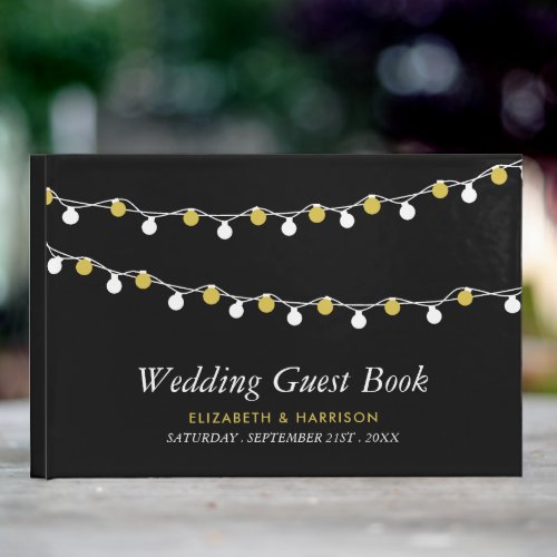 Modern String Lights White  Gold Wedding Guest Book