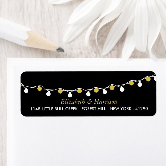 Modern String Lights, White & Gold Wedding Label (Insitu)