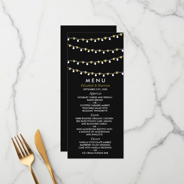 Modern String Lights, White & Gold Wedding Menu (Front/Back In Situ)