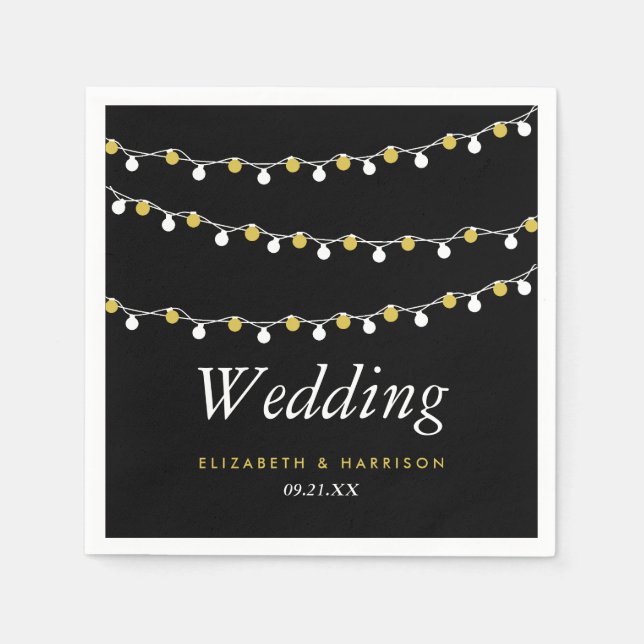 Modern String Lights, White & Gold Wedding Napkins (Front)