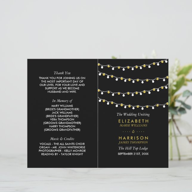 Modern String Lights, White/Gold Wedding Programme (Standing Front)