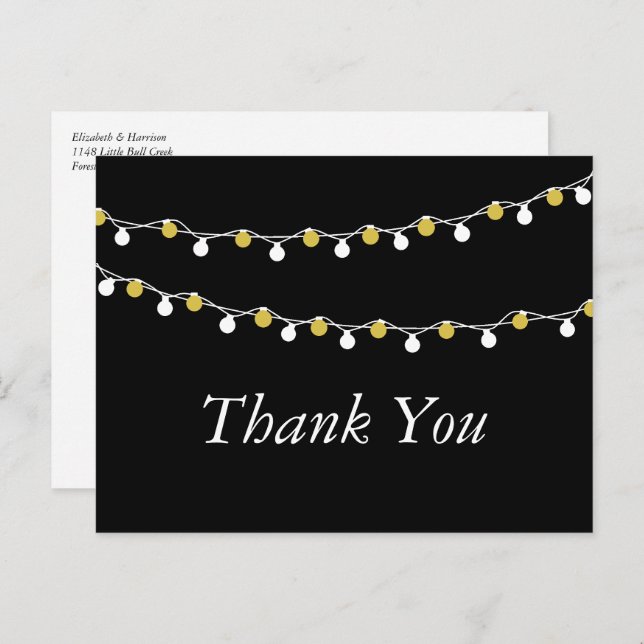 Modern String Lights, White/Gold Wedding Thank You Postcard (Front/Back)