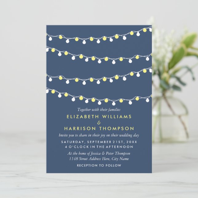 Modern String Lights, Yellow & White Wedding Invitation (Standing Front)