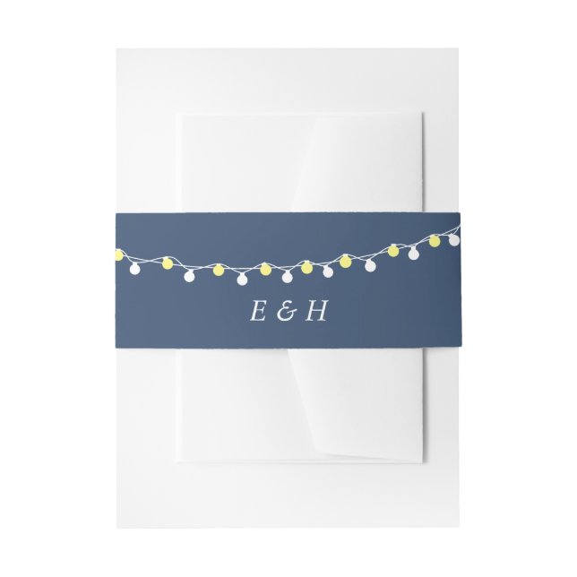 Modern String Lights, Yellow & White Wedding Invitation Belly Band (Front Example)