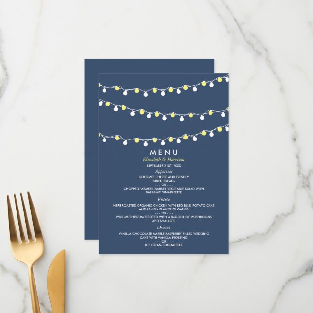 Modern String Lights, Yellow & White Wedding Menu (Front/Back In Situ)