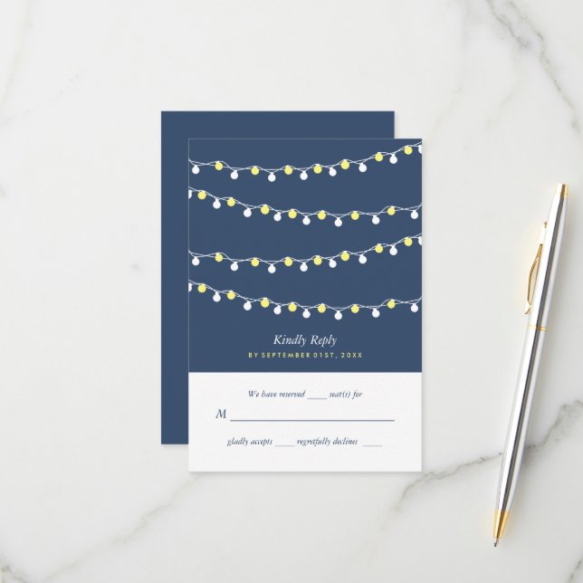 Modern String Lights, Yellow & White Wedding RSVP Card (Front/Back In Situ)