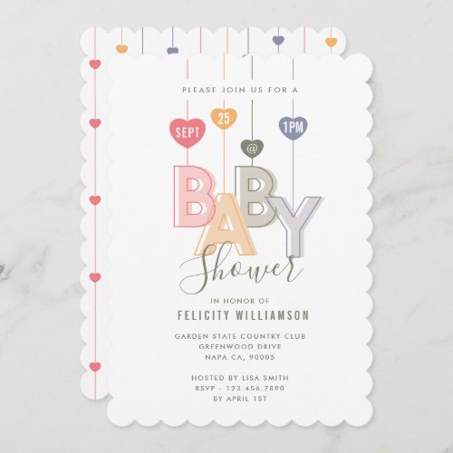Modern String Pink Baby Letters Hearts Baby Shower Invitation
