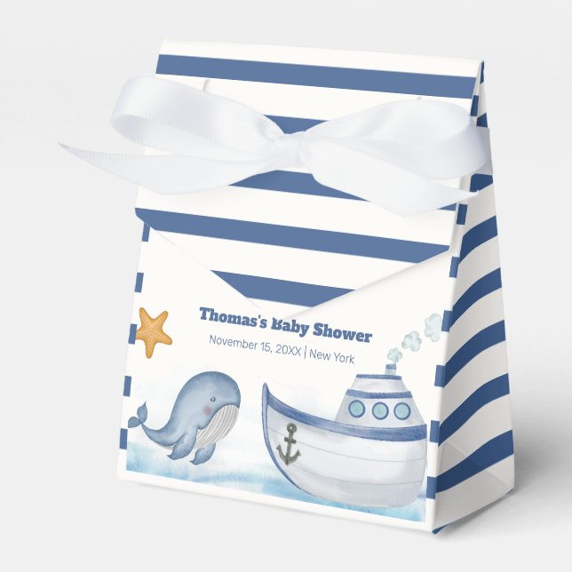 Modern Stripe Ahoy Boy Whale Sailboat Baby Shower  Favor Boxes (Front Side)