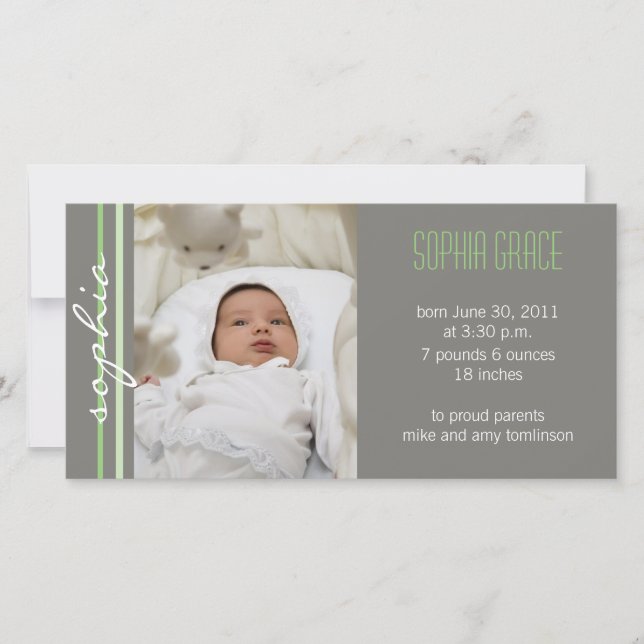 Modern Stripe Birth Announcement Photo Card-green (Front)