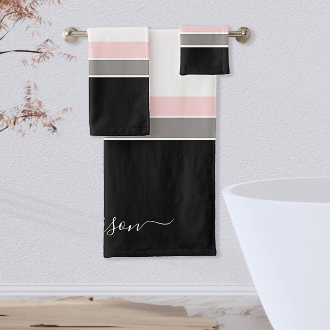 Modern Stripe Black Pink Grey Monogram Bath Towel Set (Creator Uploaded)