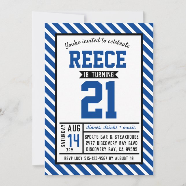 Modern Stripe Blue Male 21st Birthday Invitation (Front)