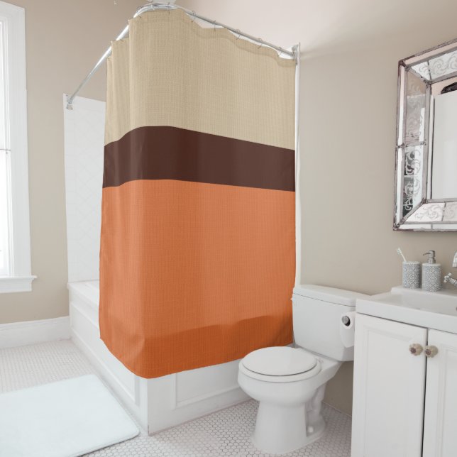 Modern Stripe Burlap Pattern Orange Brown Ivory Shower Curtain (In Situ)