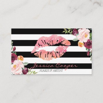 Modern Stripe Floral Lips Business Card by DesignsActual at Zazzle