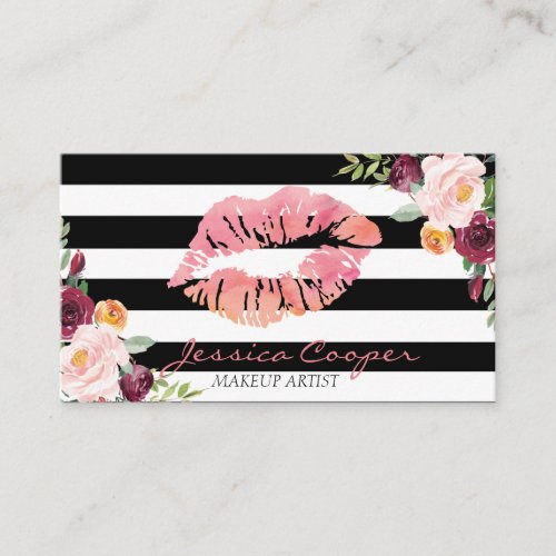 Modern Stripe Floral Lips Business Card