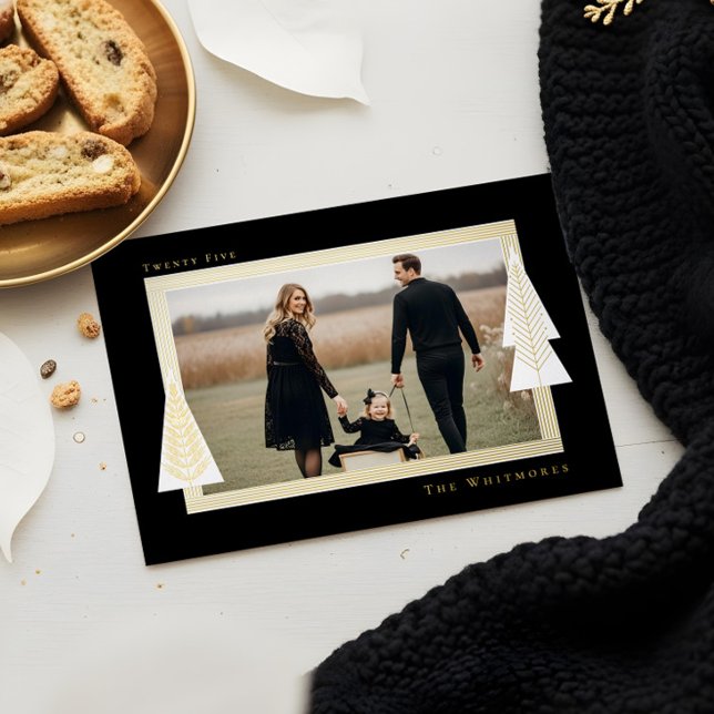 Modern Stripe Frame Evergreen Christmas Tree Photo Foil Holiday Card (Modern Stripe Frame Evergreen Christmas Tree Photo Foil Holiday Card)