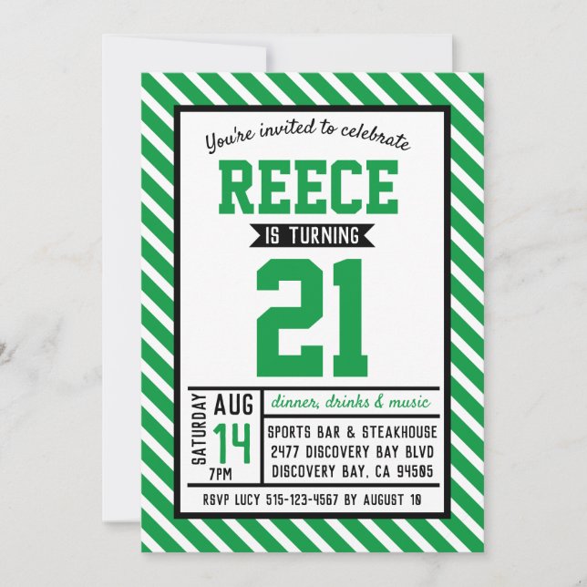Modern Stripe Green Male 21st Birthday Invitation (Front)