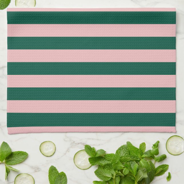 Modern Stripe Holiday Green & Pink Kitchen Towel (Folded)