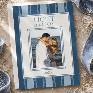Modern Stripe Light and Joy Blue Hanukkah Photo Holiday Card