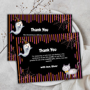 Modern Stripe Little Boo Ghost Cat Baby Shower Thank You Card