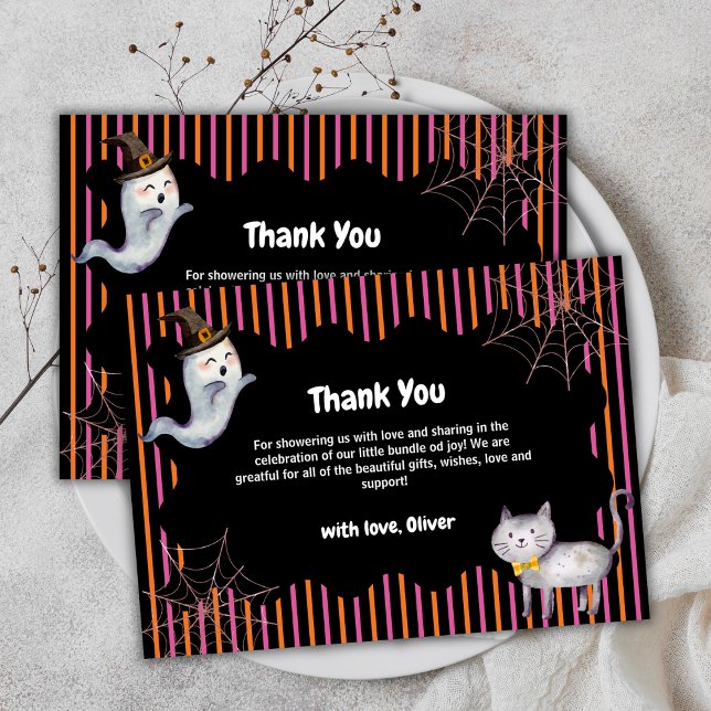 Modern Stripe Little Boo Ghost Cat Baby Shower  Thank You Card (Modern Stripe Little Boo Ghost Cat Baby Shower Thank You Card)