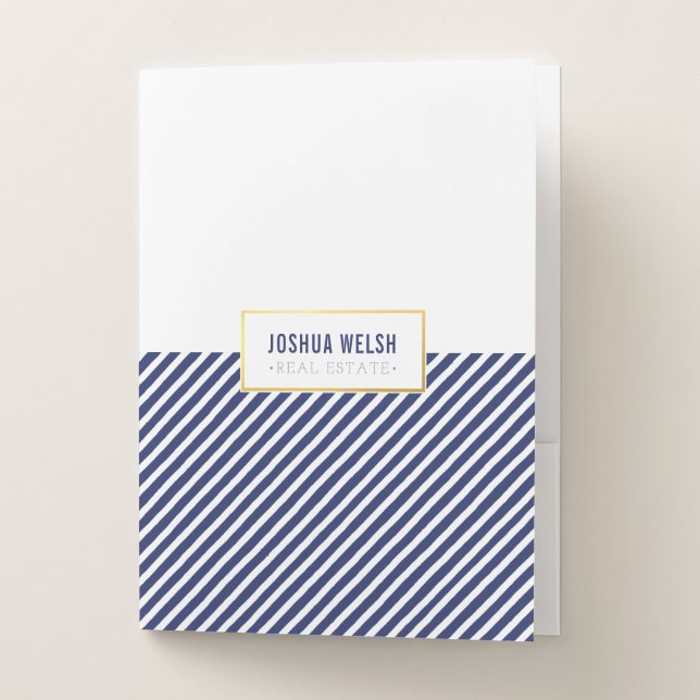MODERN STRIPE LOGO masculine smart navy blue gold Pocket Folder (Front)