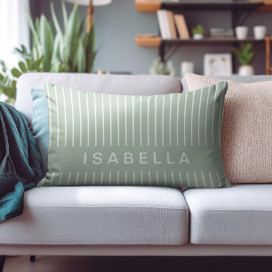 Modern Stripe Minimal Sage Green Personalized Name Accent Pillow
