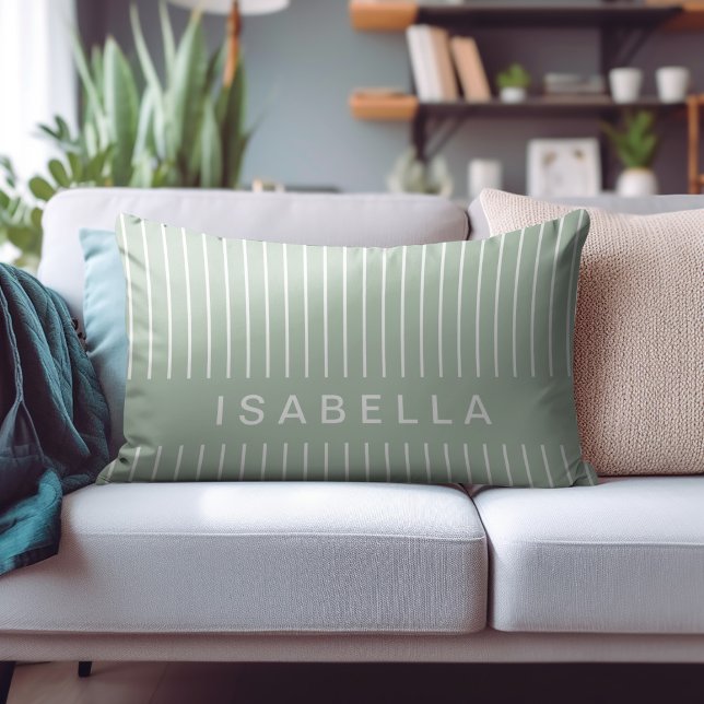 Modern Stripe Minimal Sage Green Personalized Name Accent Pillow (Creator Uploaded)