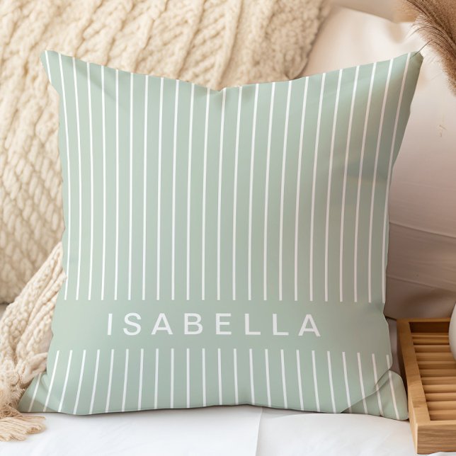 Modern Stripe Minimal Sage Green Personalized Name Throw Pillow (Creator Uploaded)